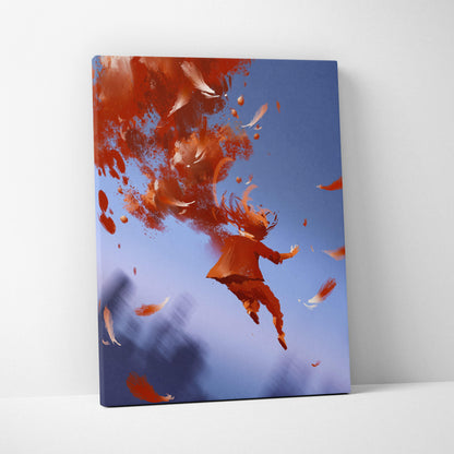 Scarlet Ascension canvas art featuring a red paint explosion with a falling figure and swirling orange feathers against blue sky
