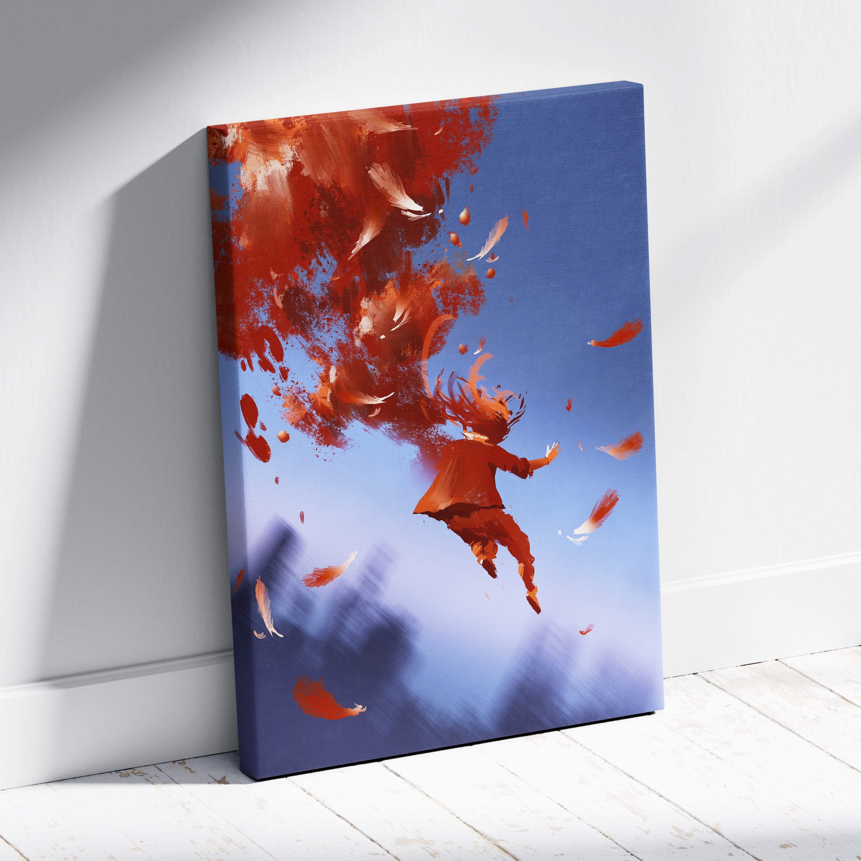 A vibrant canvas print of a red abstract surreal figure with swirling orange feathers against a blue sky wall decor