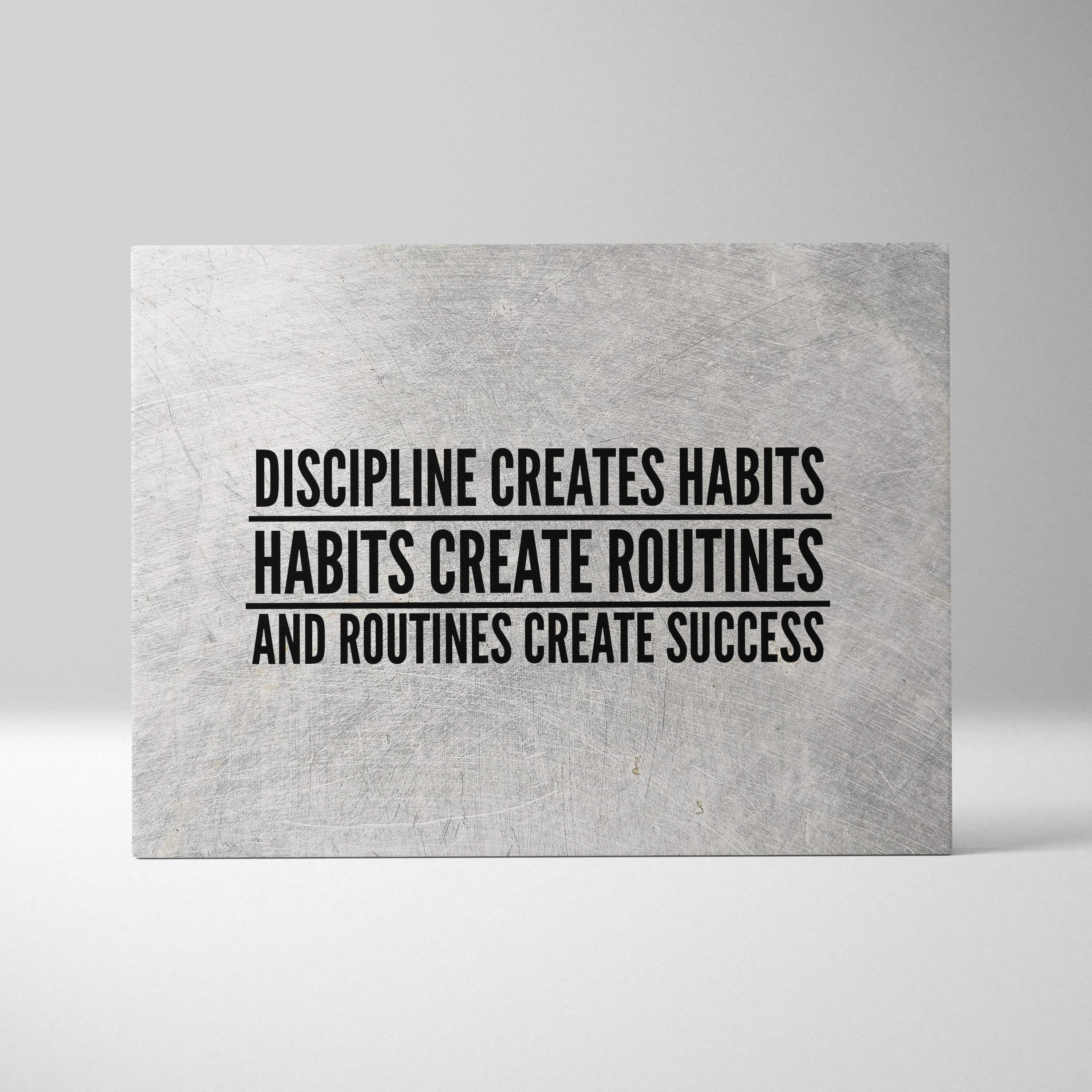 Gray textured canvas plaque with bold black motivational text about discipline creating habits routines and success for office gym or home