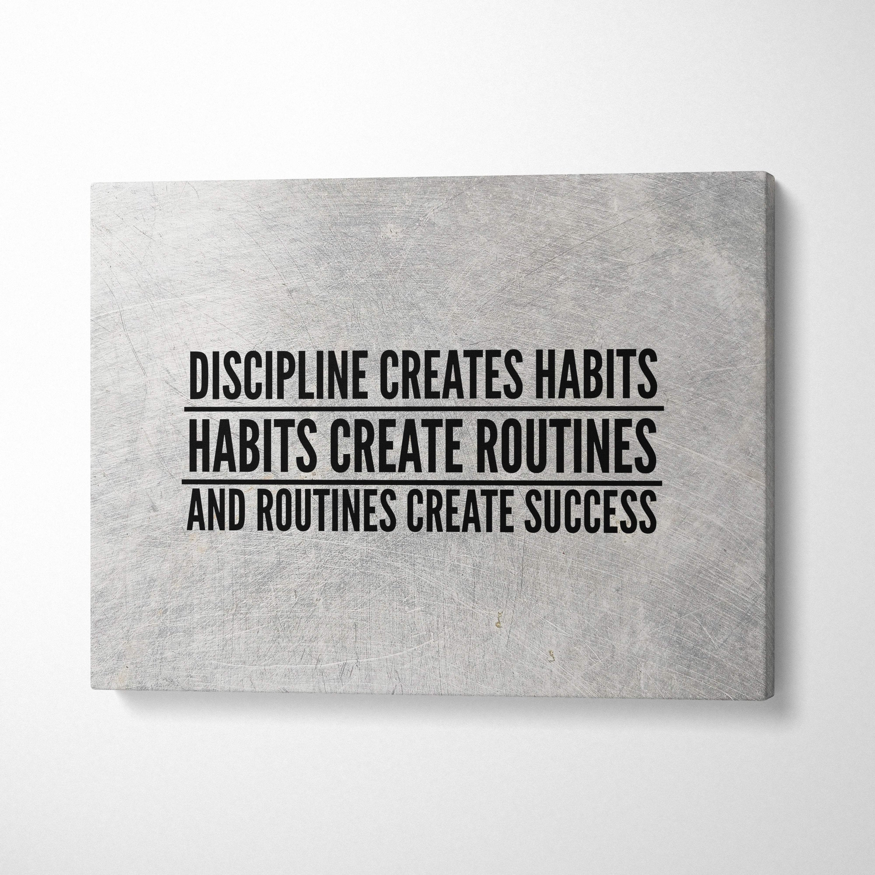 Gray textured canvas print with motivational black typography about discipline creating success for office gym or home use