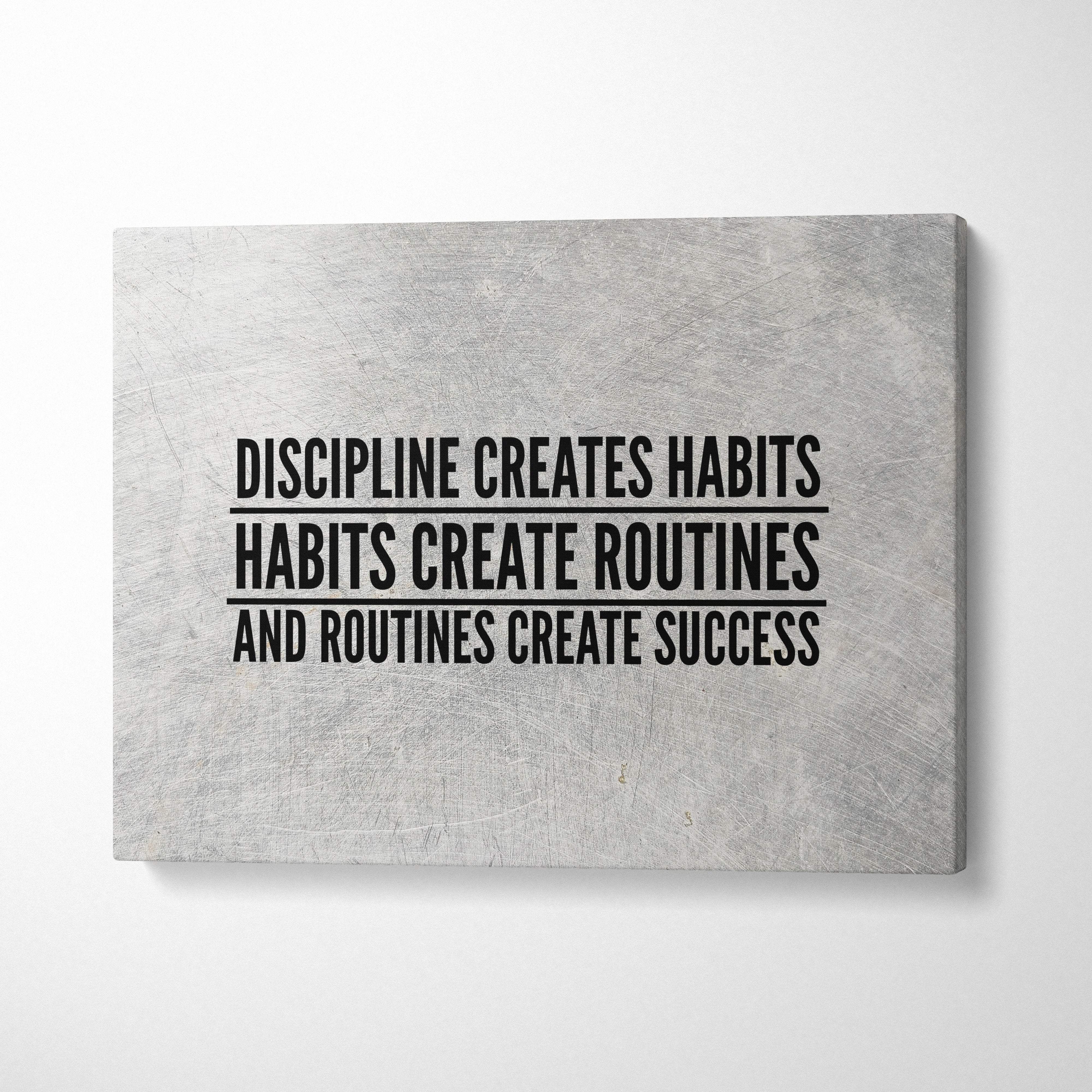 Gray textured canvas print with motivational black typography about discipline creating success for office gym or home use