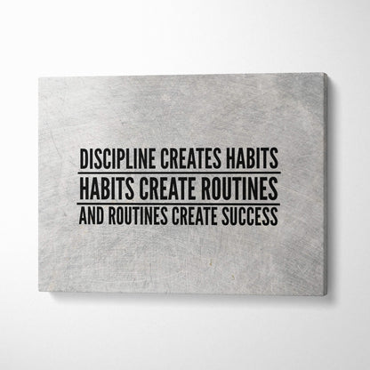 Gray textured canvas print with motivational black typography about discipline creating success for office gym or home use
