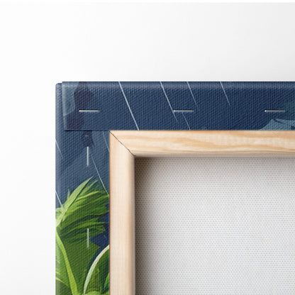 Light wood-framed canvas print featuring teal ocean waves and tropical leaf design on navy background with white rain streaks