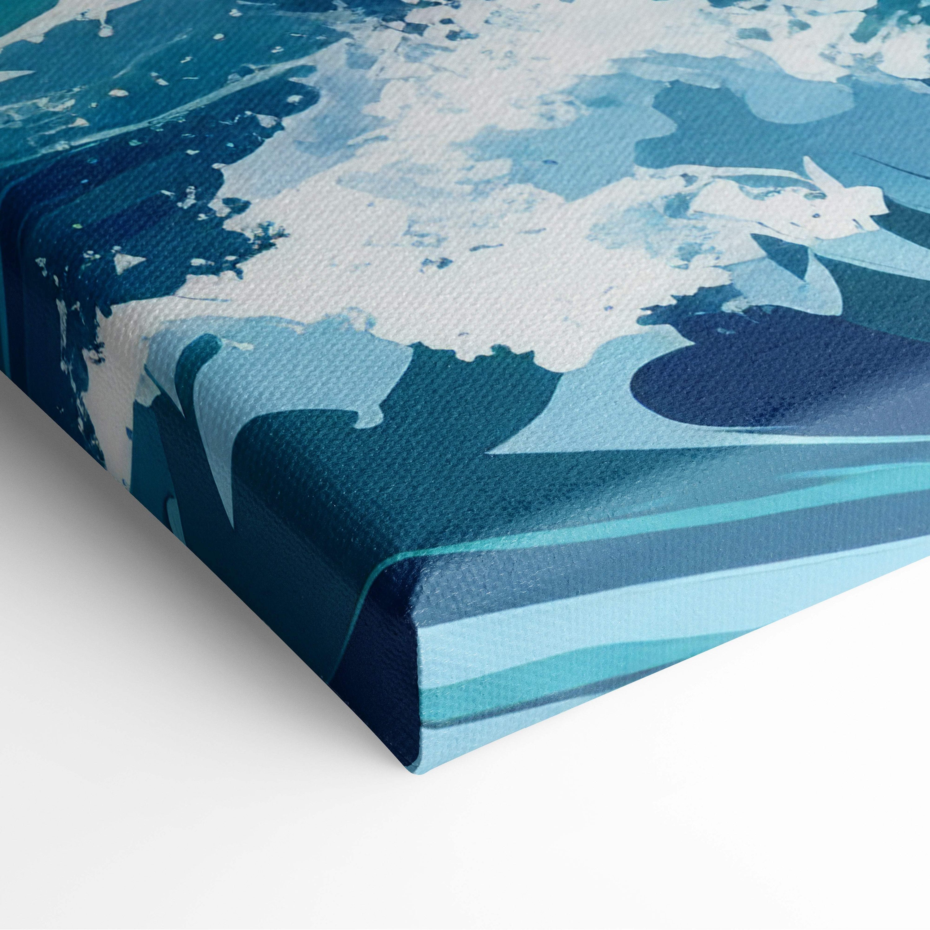 A canvas print featuring bold blue and white brushstrokes titled tropical storm beach canvas art for coastal wall decor