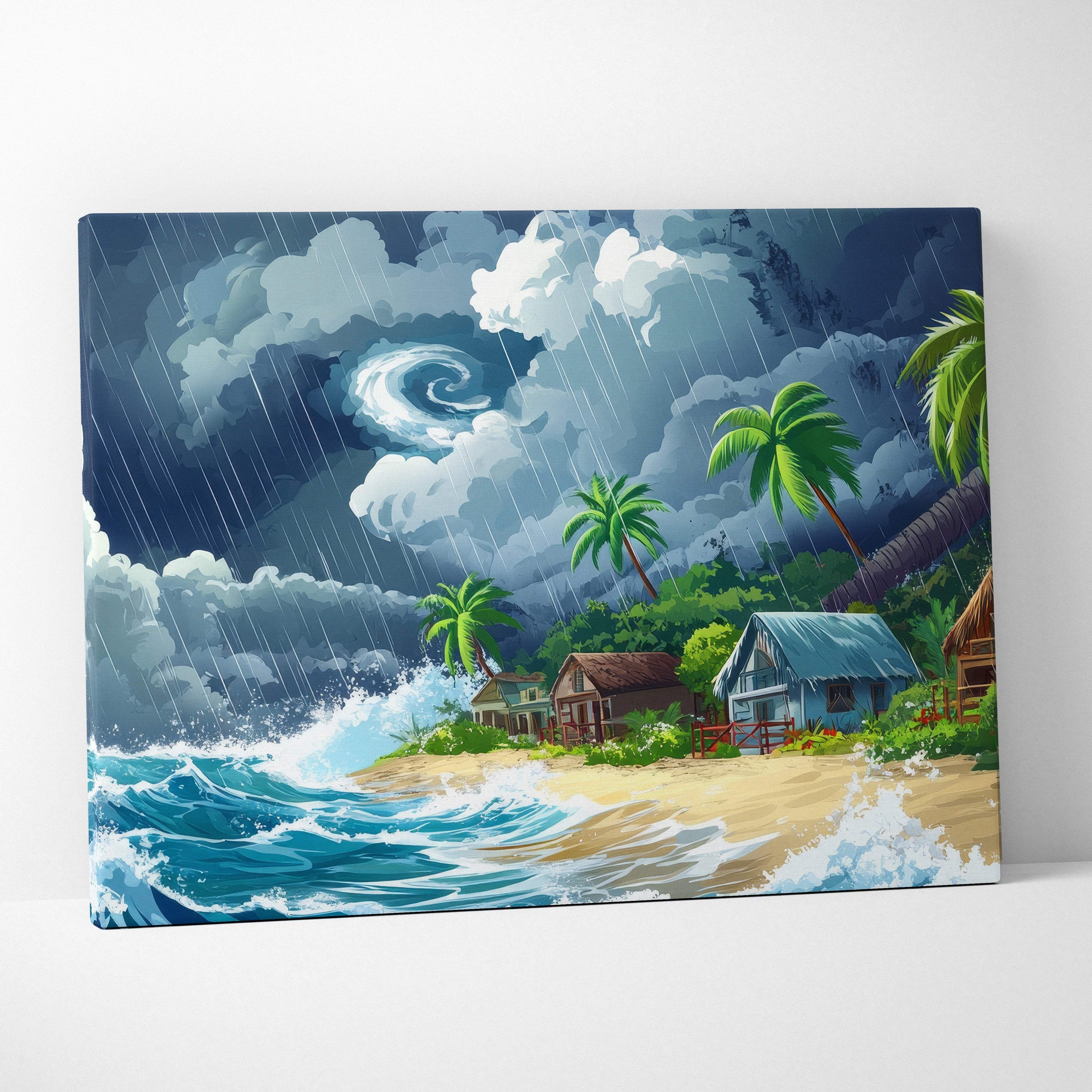 Tropical storm beach canvas art featuring vibrant teal ocean waves palm trees and rustic beach houses under a dark sky