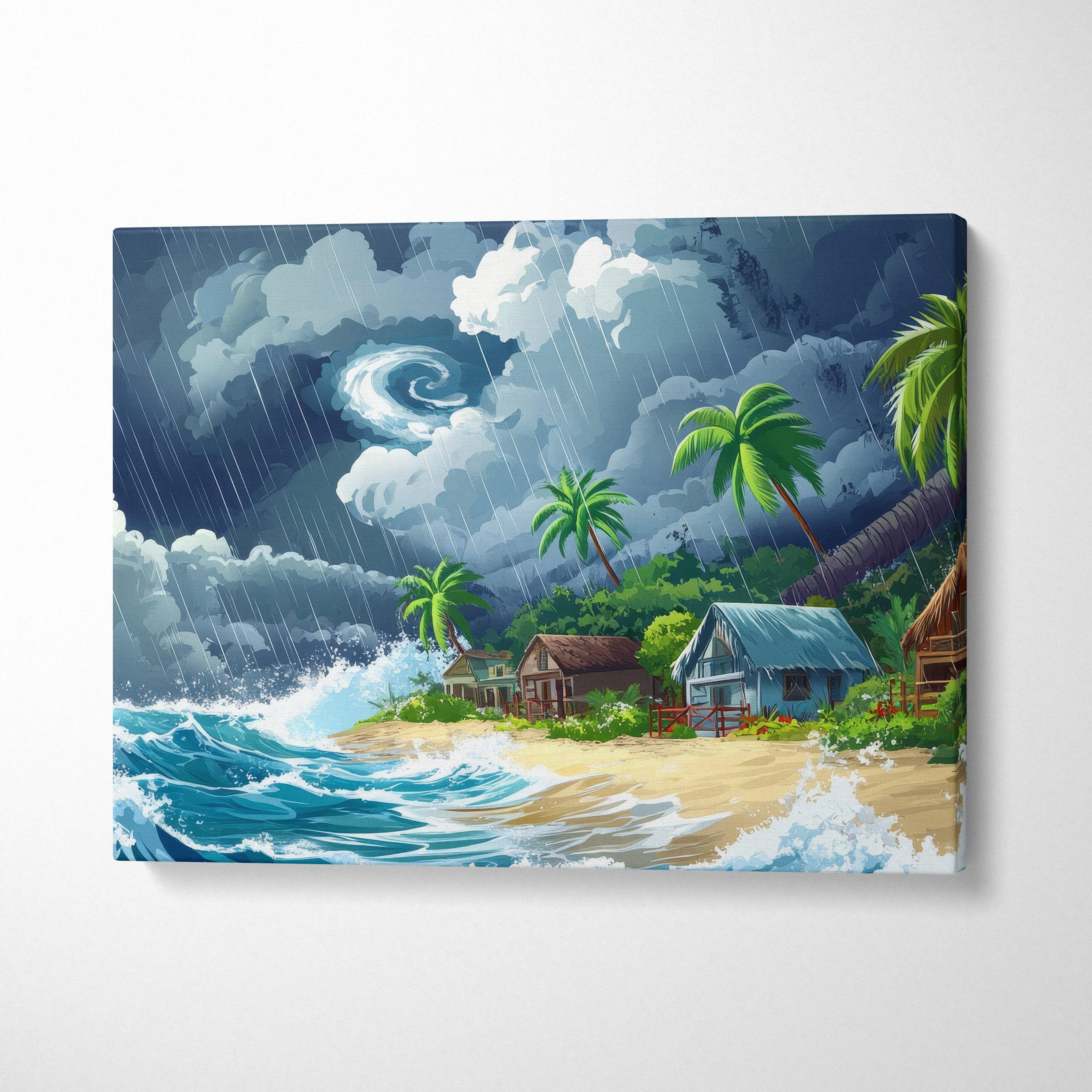 Tropical storm beach canvas art showing teal ocean waves crashing sandy shores with palm trees and rustic huts under a cloudy sky