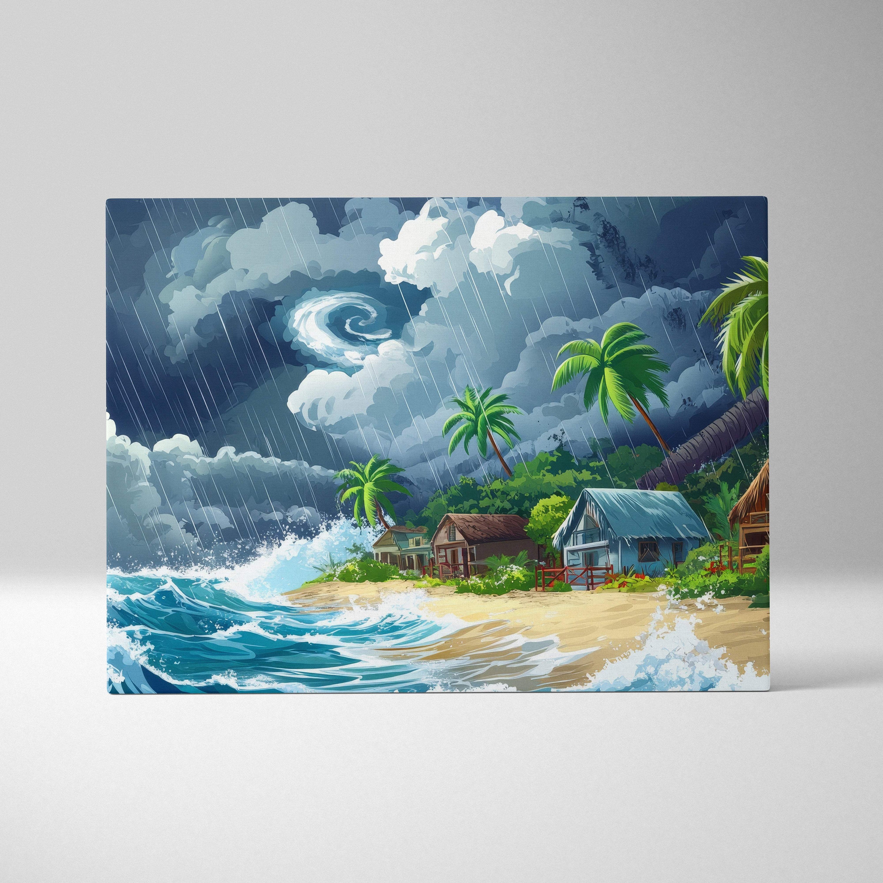A rectangular canvas print of a tropical beach village with teal ocean waves and a dark rainy sky wall decor