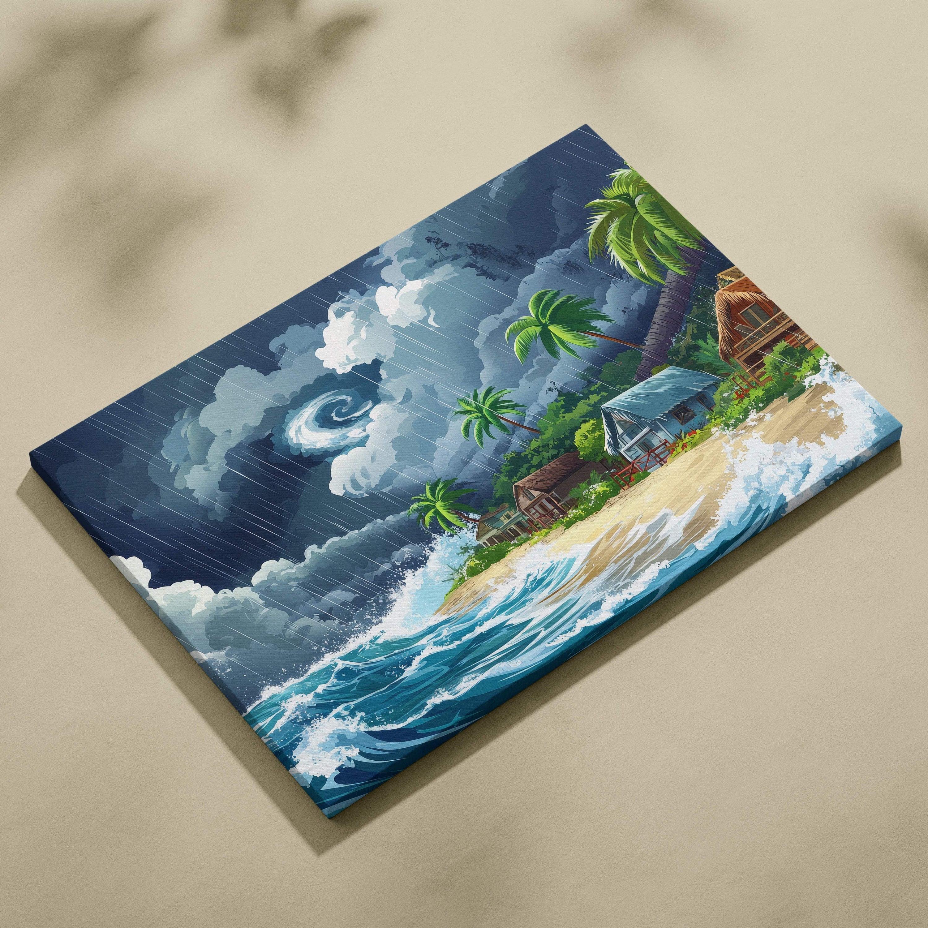 Tropical storm beach canvas art featuring vibrant teal ocean waves palm trees and beach houses under a dark rainy sky