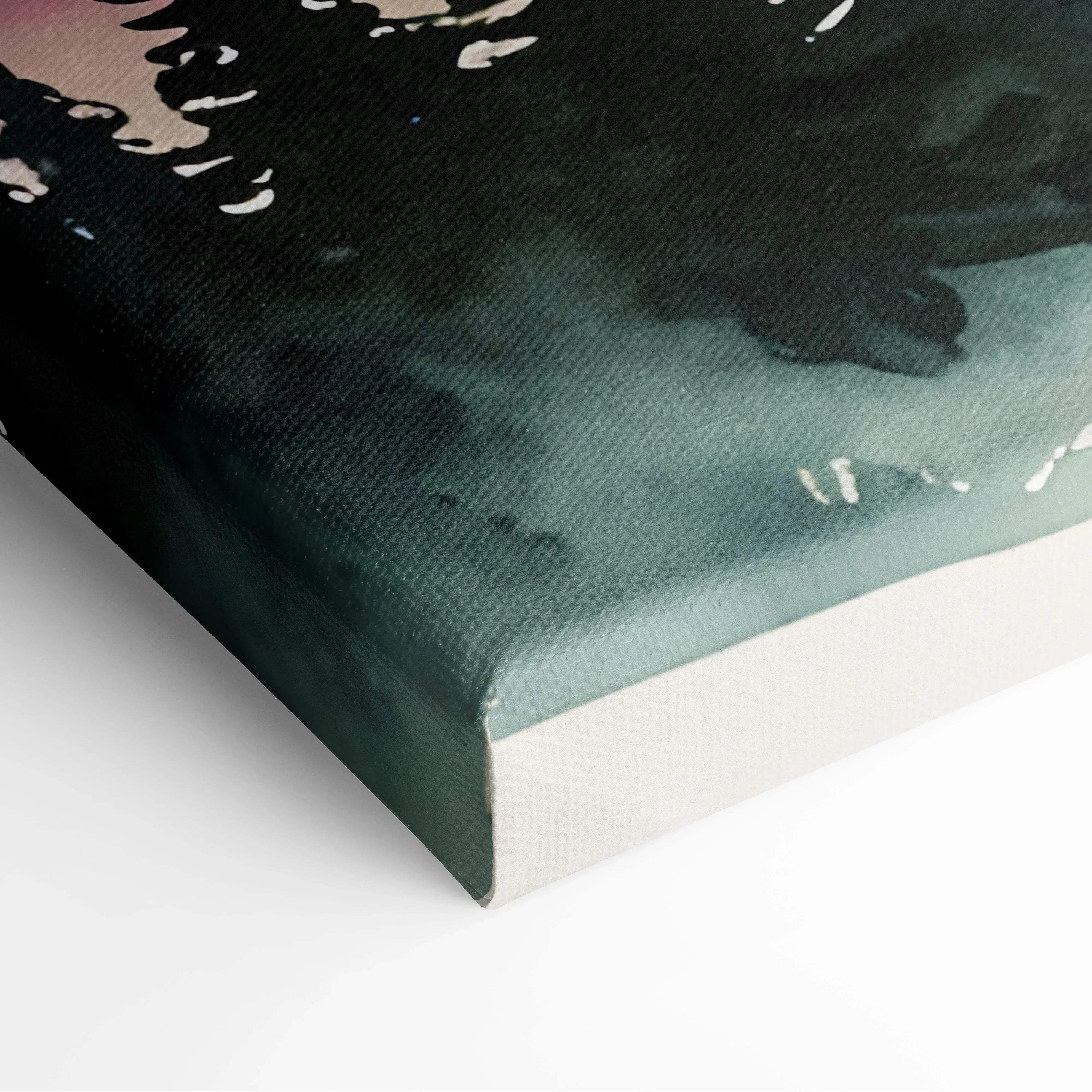 A canvas print featuring an abstract watercolor design with deep teal black and white accents inspired by aurora borealis