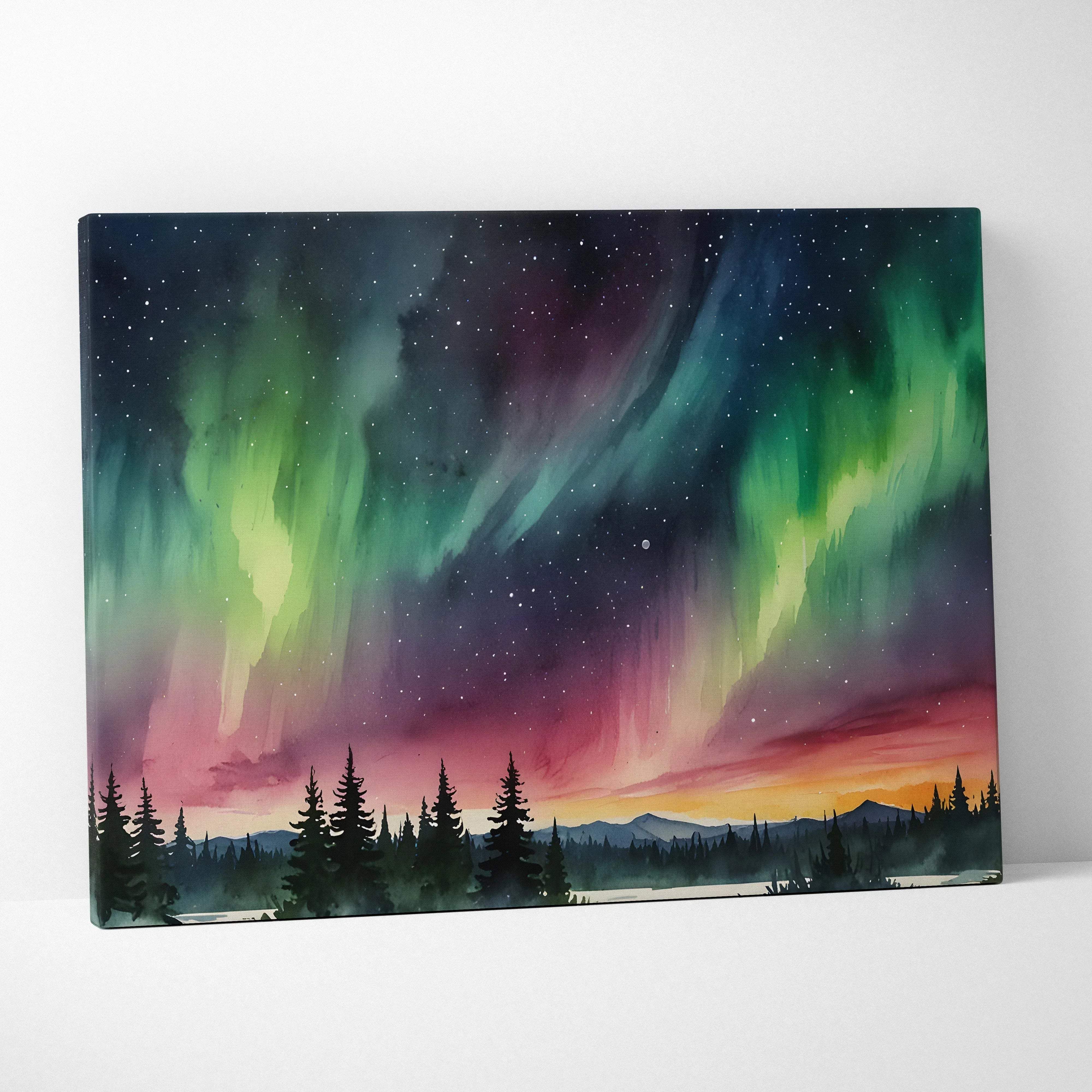 Vibrant canvas wall art featuring a watercolor night sky aurora borealis in green purple and pink over forest and mountains