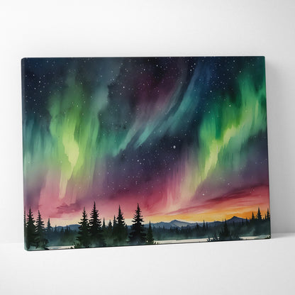 Watercolor night sky canvas wall art with green aurora and silhouetted pine trees.