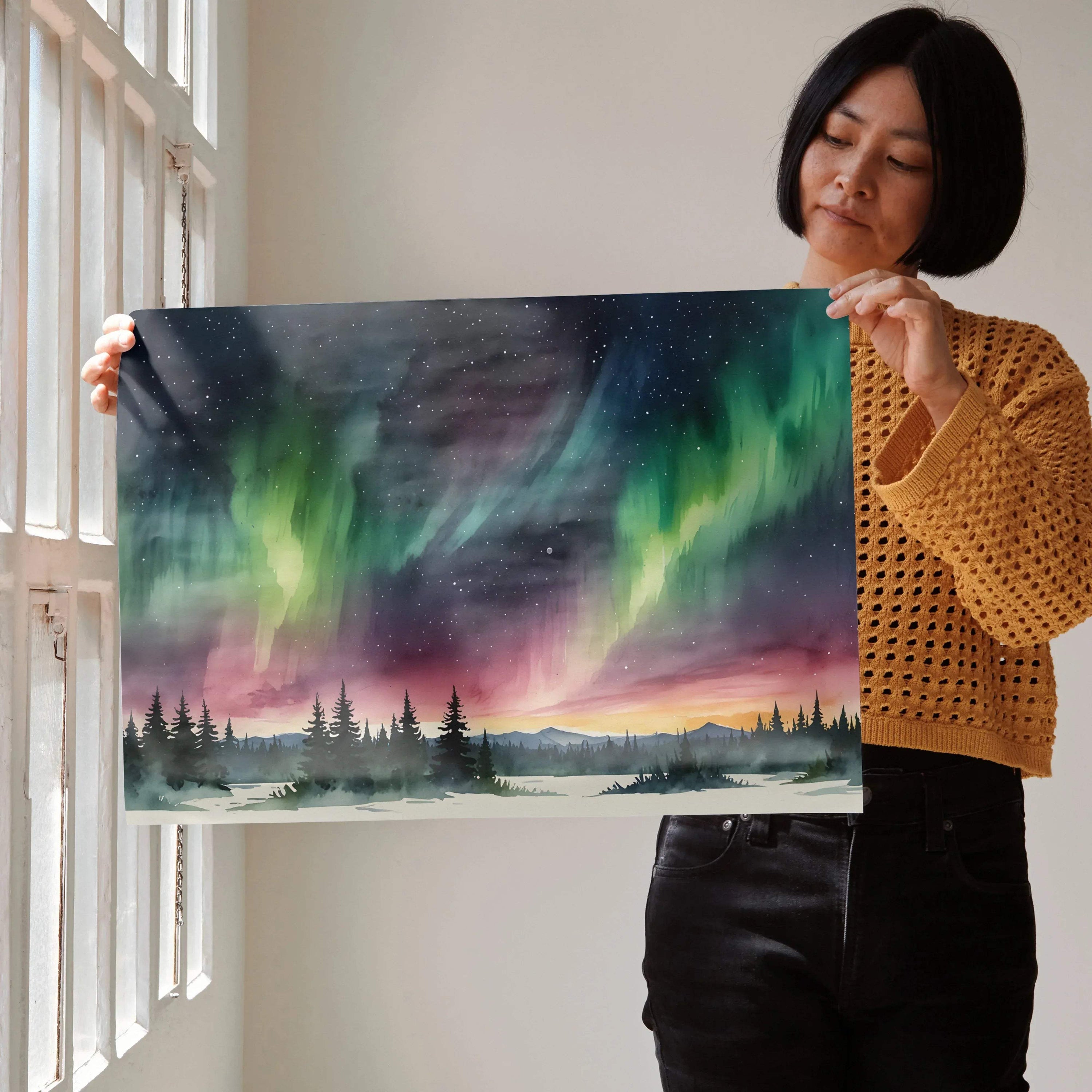 Watercolor night sky poster with vivid northern lights over forest silhouette wall art.