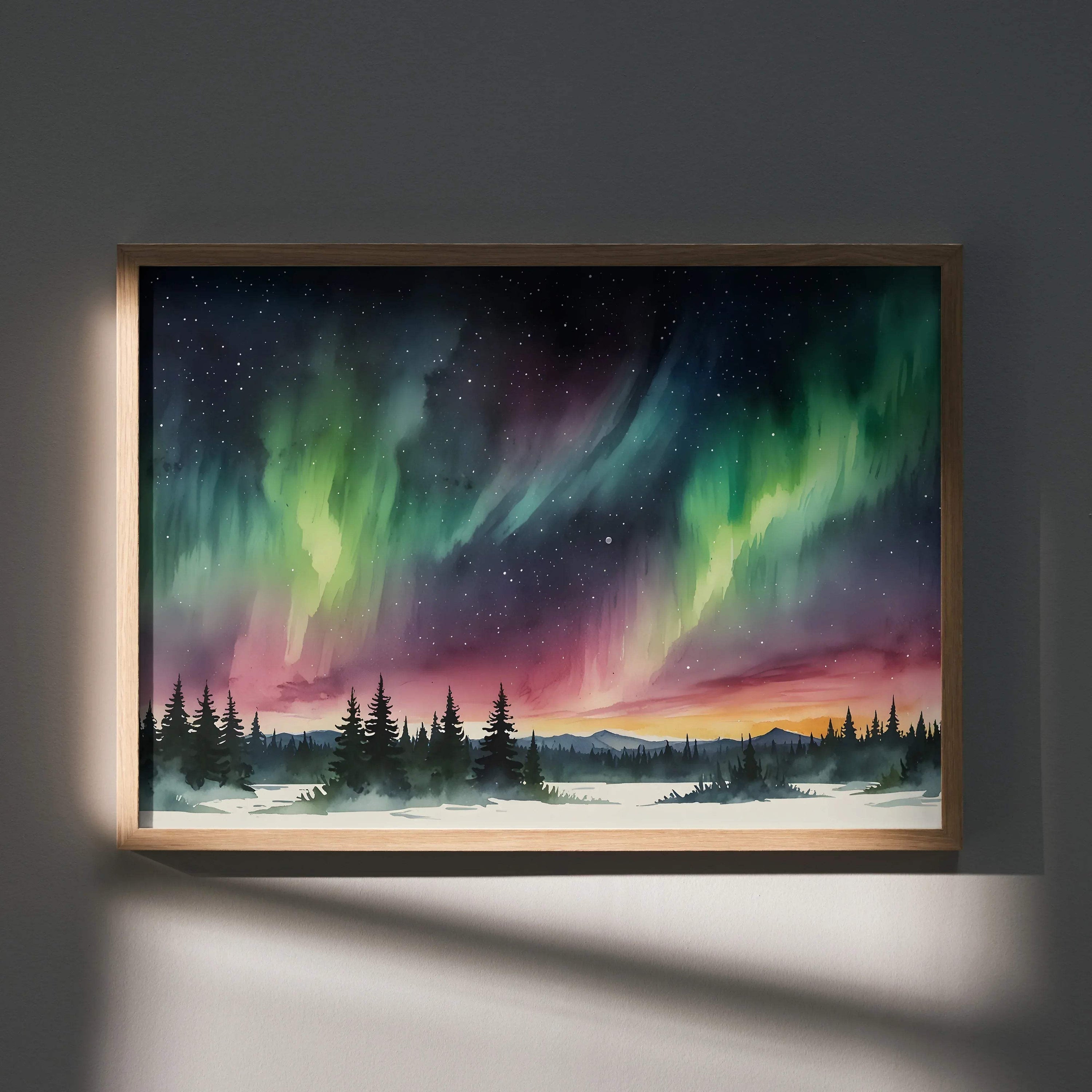 Watercolor night sky poster with northern lights over pine forest, serene wall art.