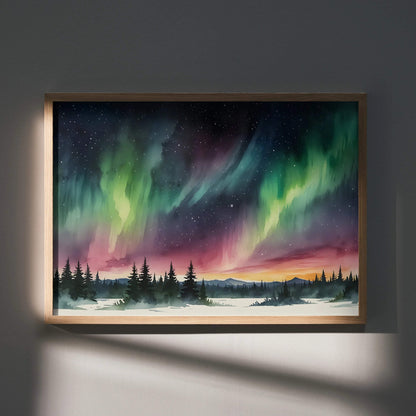Watercolor night sky poster with northern lights over pine forest, serene wall art.