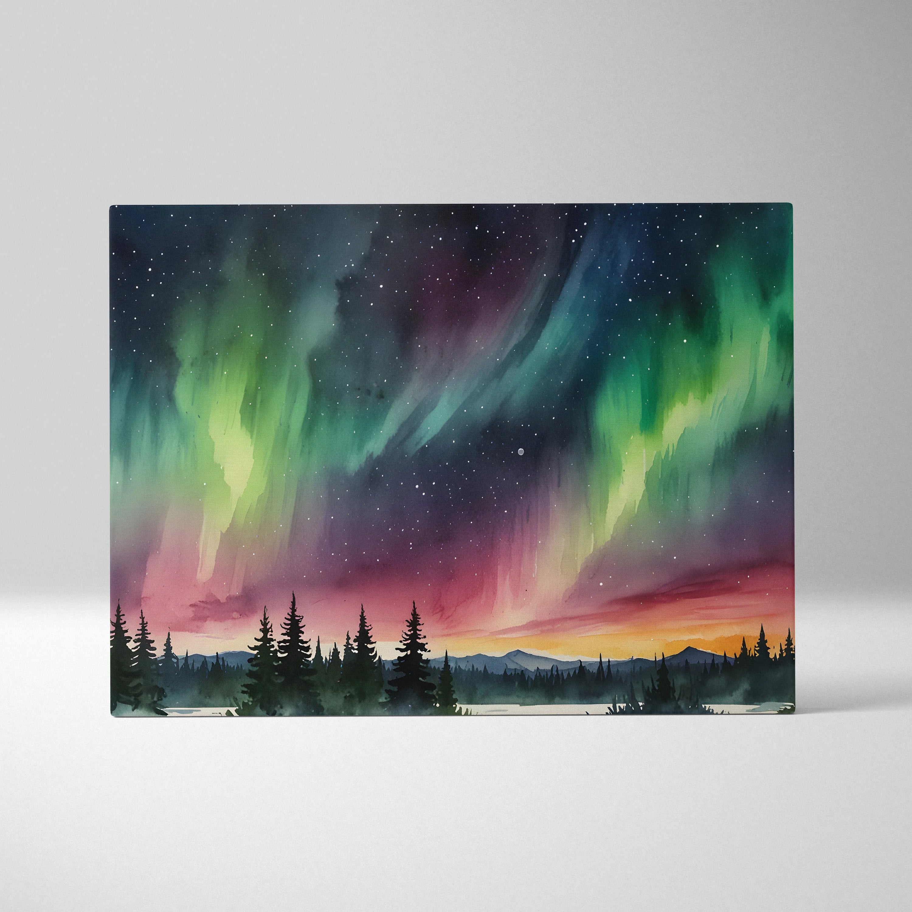 Watercolor night sky canvas wall art with green aurora borealis over silhouetted pine trees and mountains.