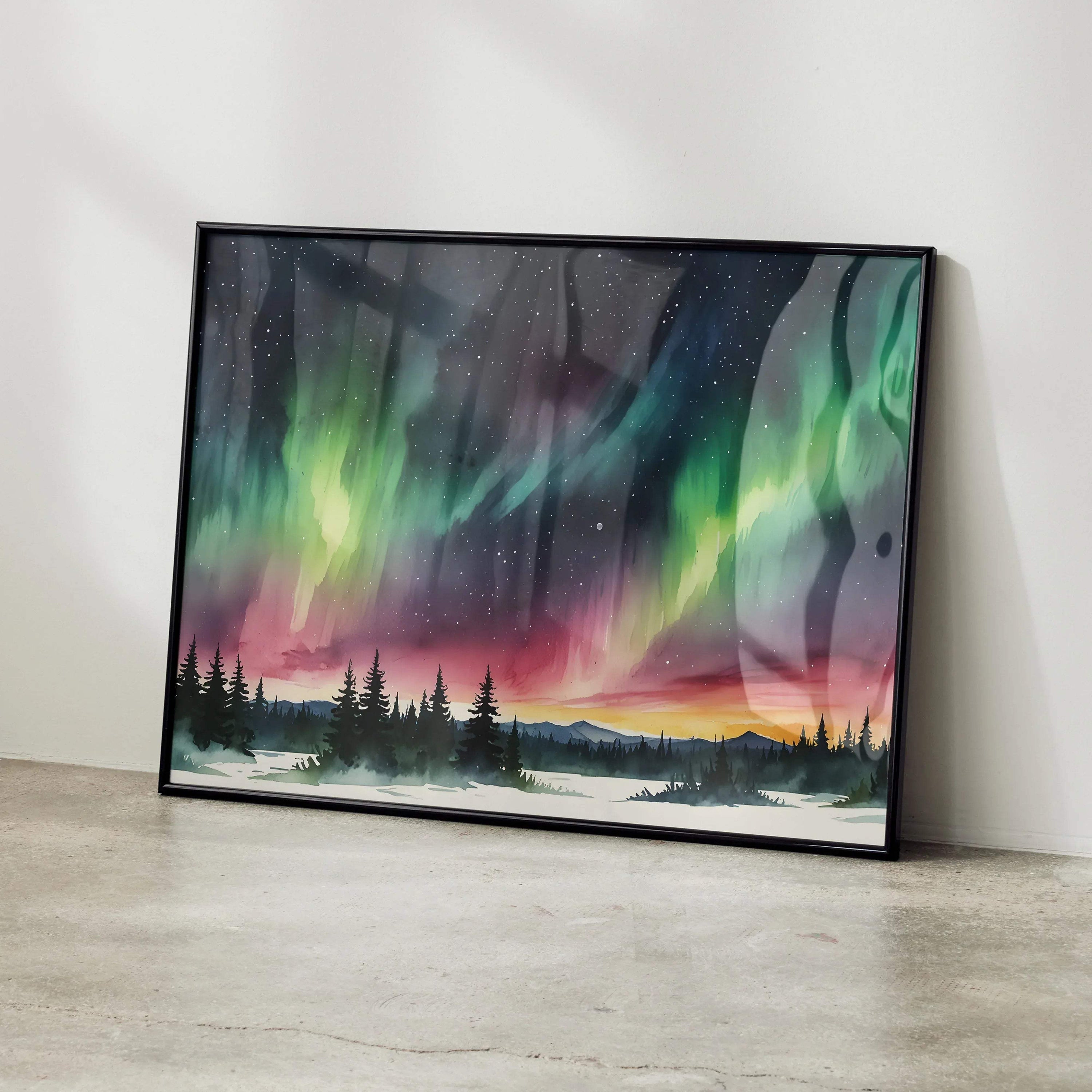 Watercolor night sky poster with green aurora borealis over pine trees wall art.