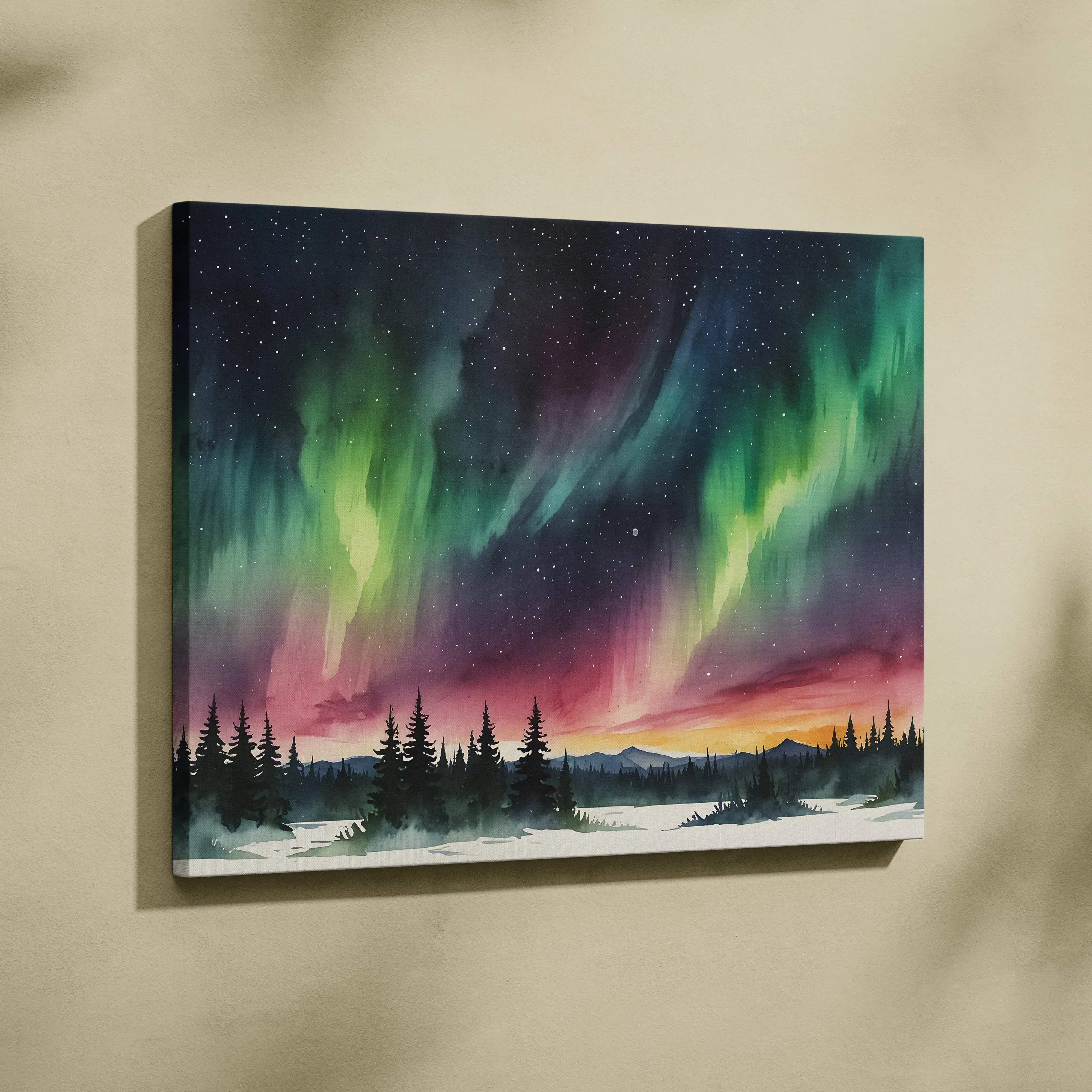 Watercolor night sky aurora borealis canvas wall art with vibrant green and pink hues over snowy forest landscape