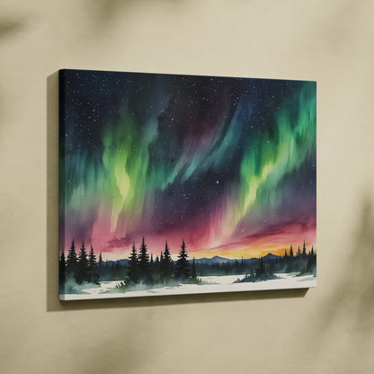 Watercolor night sky canvas wall art with northern lights over snowy forest landscape.