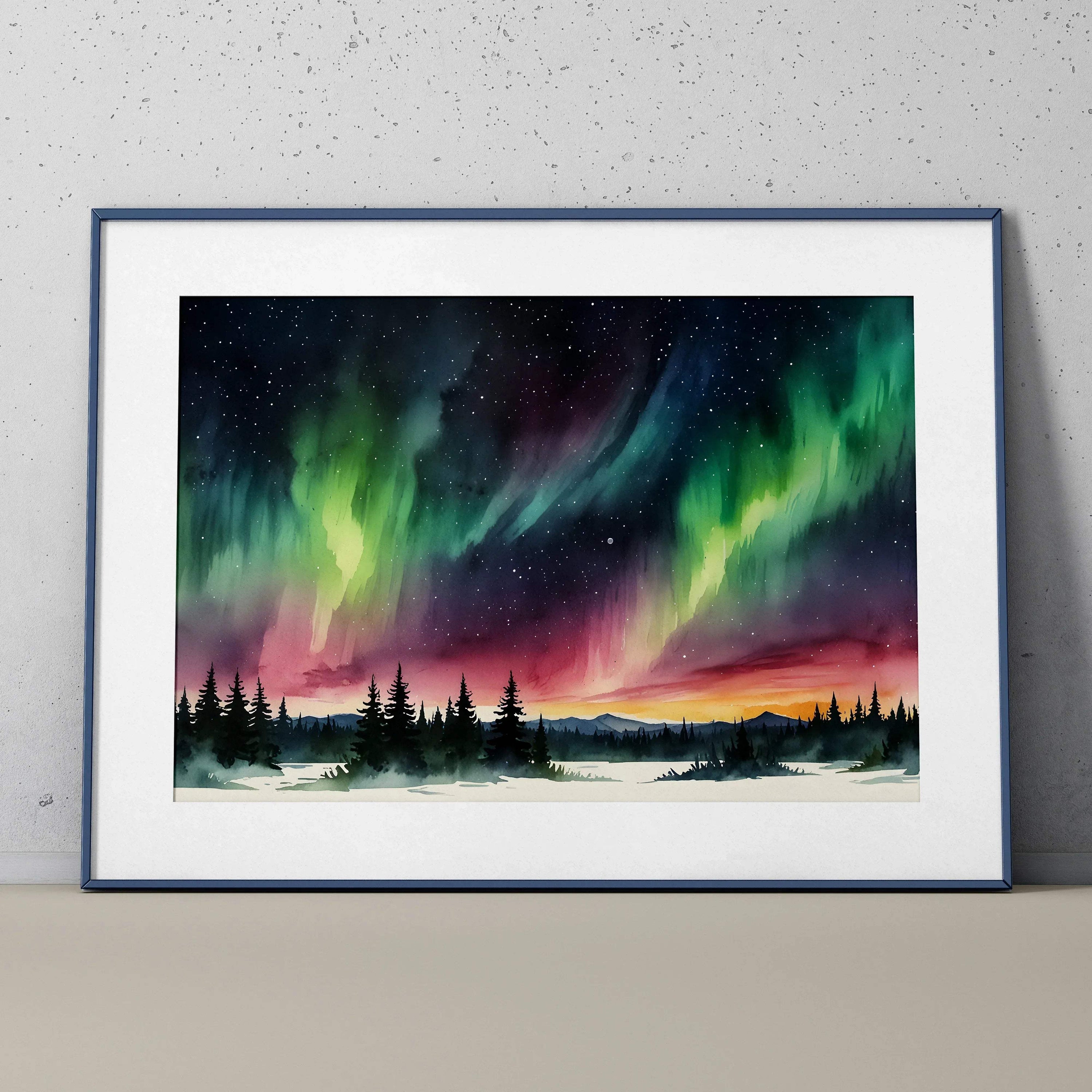 Watercolor night sky poster with glowing aurora borealis and silhouetted pine trees wall art.