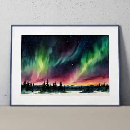 Watercolor night sky poster with glowing aurora borealis and silhouetted pine trees wall art.