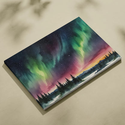 Watercolor night sky canvas wall art with northern lights and silhouetted pine trees.