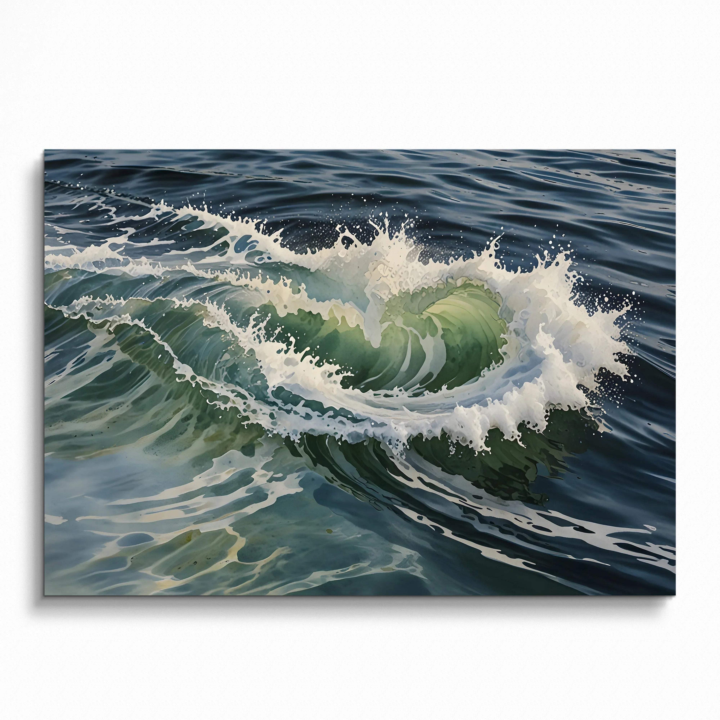 Serene ocean watercolor poster with dynamic swirling wave and foamy white crest wall art.