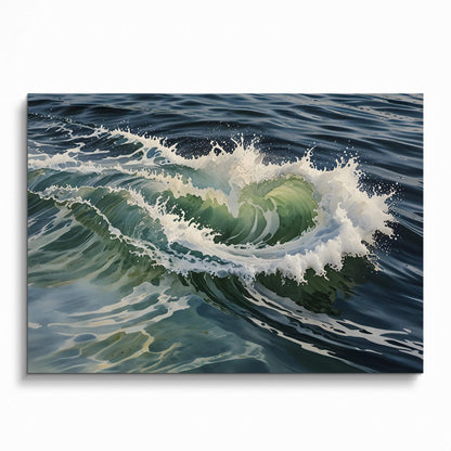 Serene ocean watercolor poster with dynamic swirling wave and foamy white crest wall art.