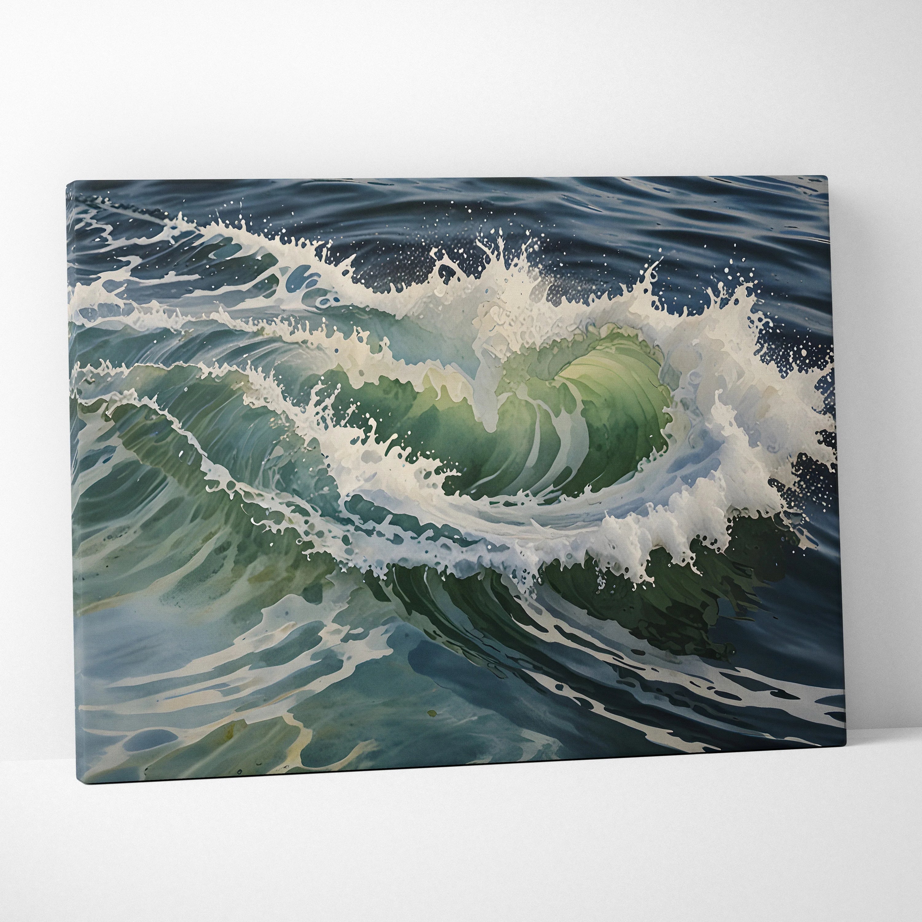 Canvas wall art featuring a stunning watercolor ocean seascape with crashing waves and rich blue-green tones.