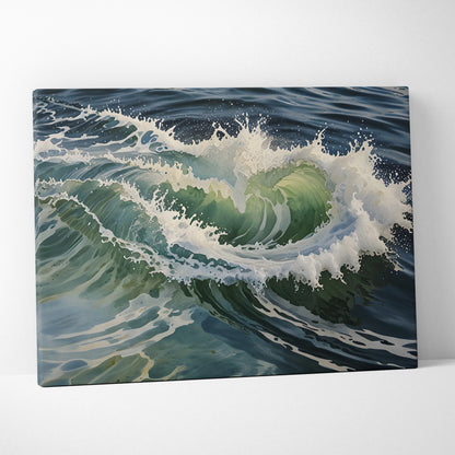 Canvas wall art featuring a stunning watercolor ocean seascape with crashing waves and rich blue-green tones.