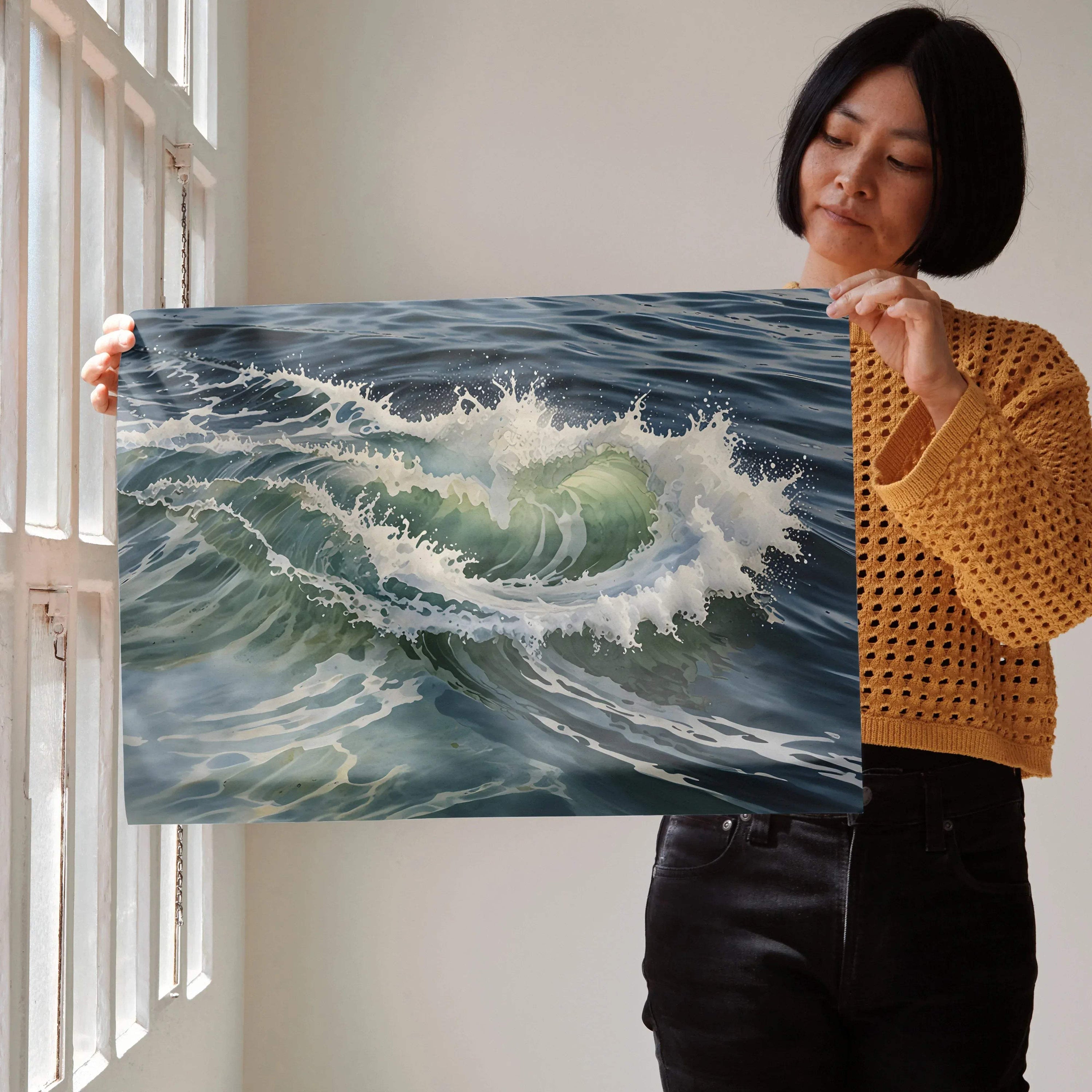 Serene ocean wave watercolor poster held by woman, detailed blue and white sea wall art.
