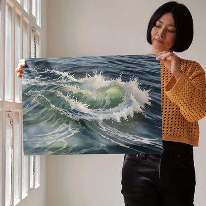 Serene ocean wave watercolor poster held by woman, detailed blue and white sea wall art.