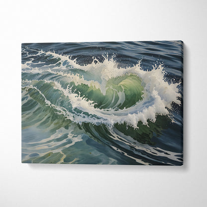 Watercolor ocean wave canvas wall art with dynamic blue and green seascape tones.
