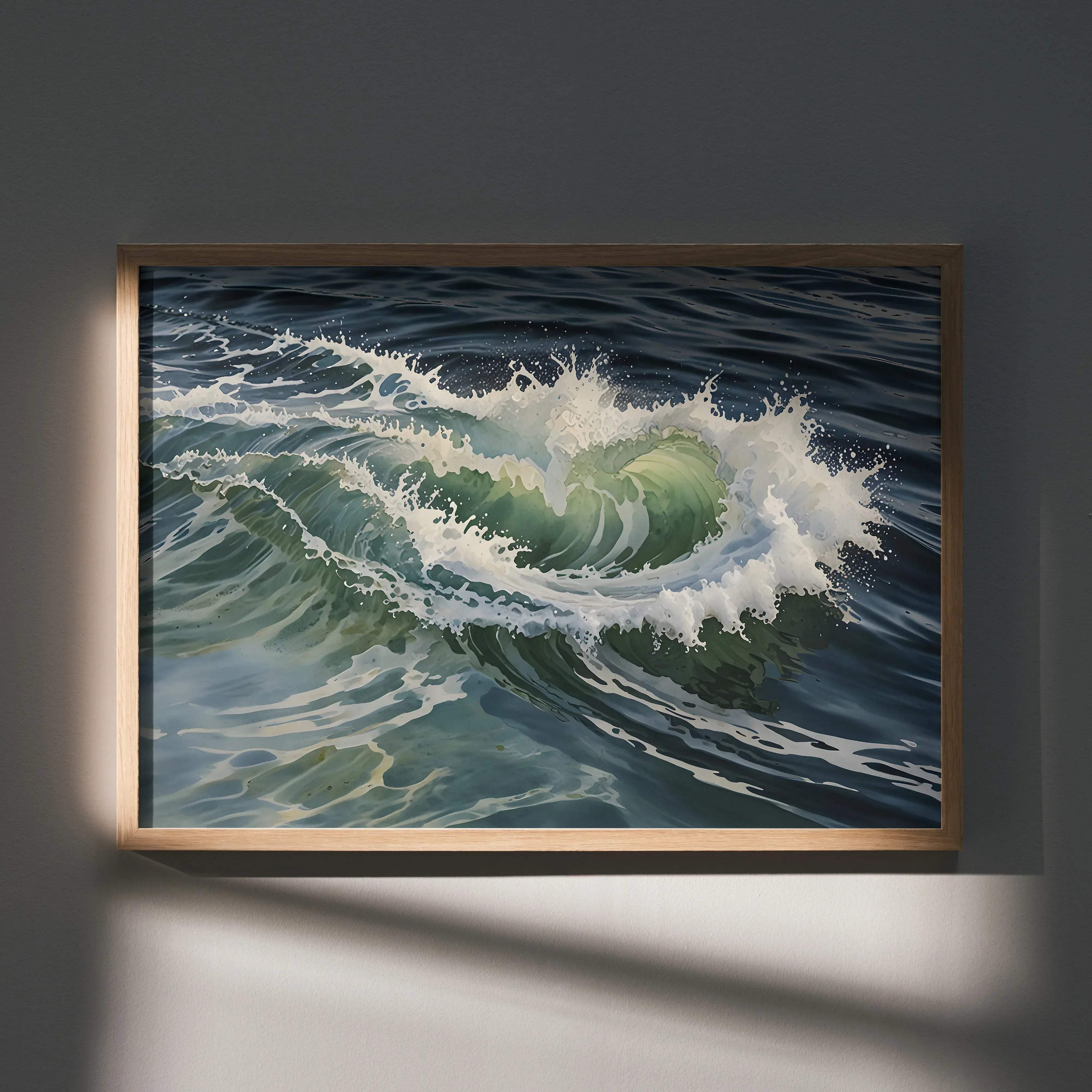 A framed serene ocean watercolor styled digital art poster print featuring dynamic green and white wave splashes in a light wood frame