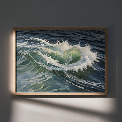 Serene ocean wave watercolor poster with dynamic white foam, modern framed wall art.