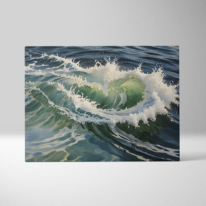 Watercolor ocean wave canvas wall art with vibrant blue and green tones and white splashes.