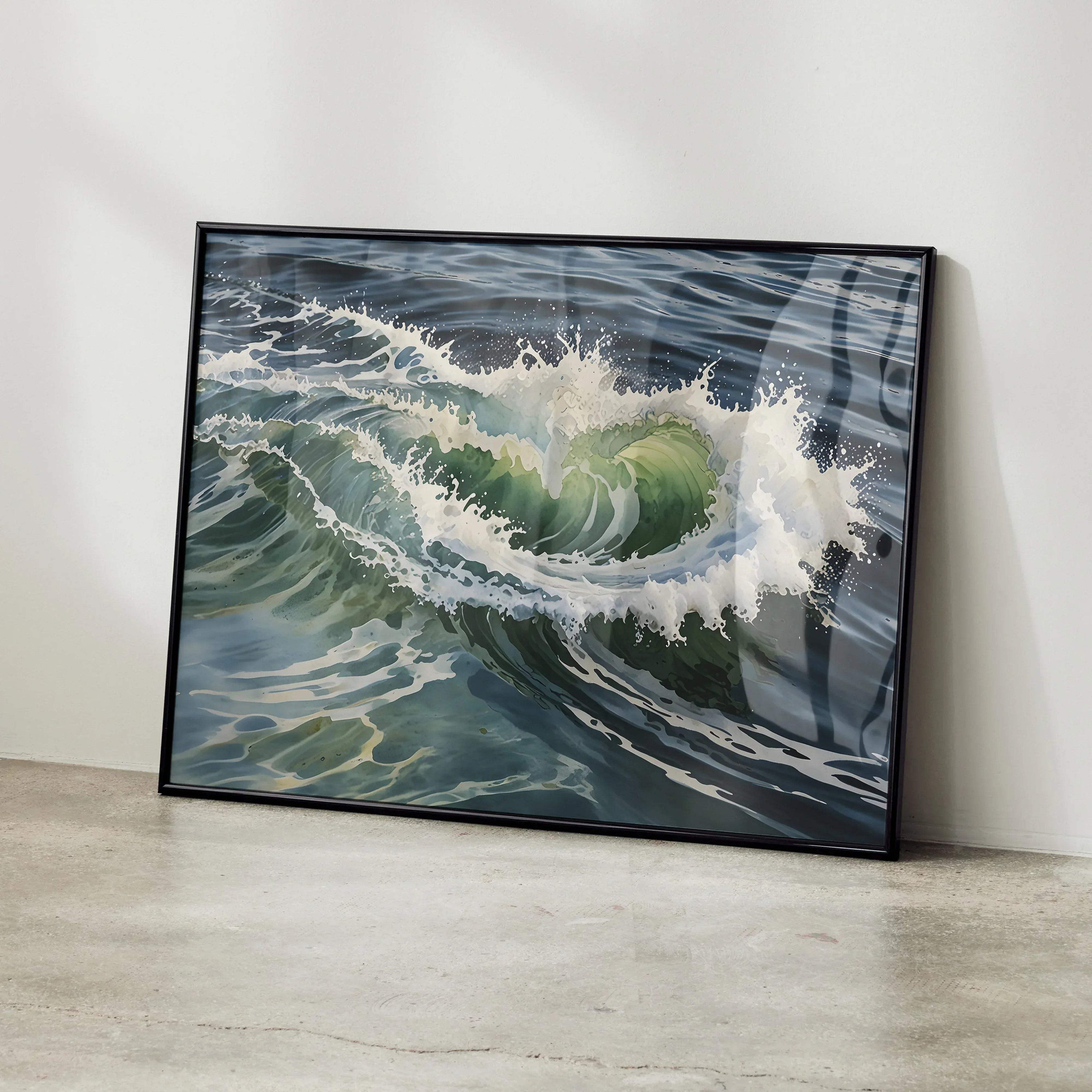 Serene ocean wave watercolor poster with deep blues and foamy white spray wall art.