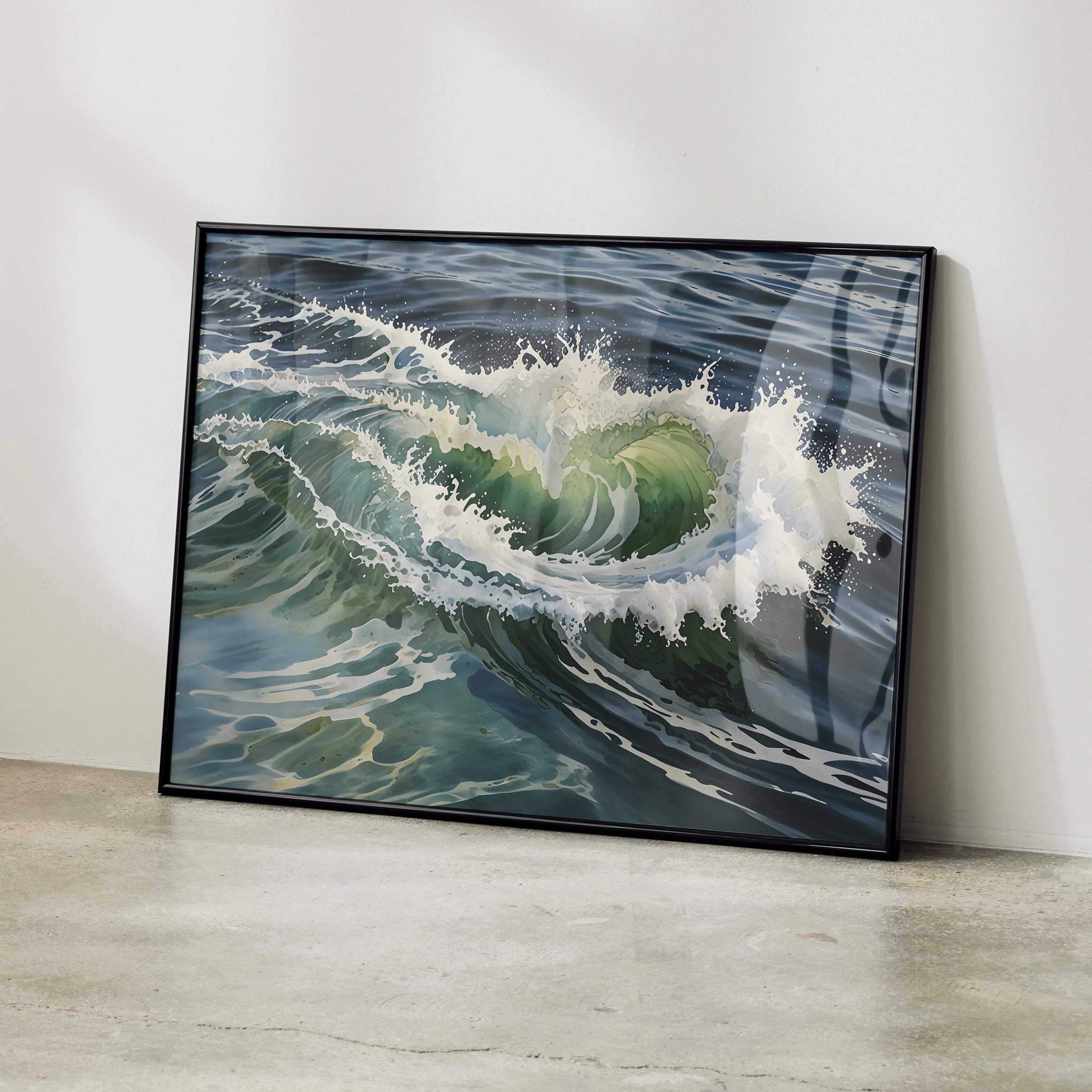 A framed serene ocean watercolor styled digital art poster print with dynamic green and white wave in a black frame
