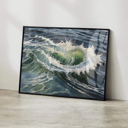 Serene ocean wave watercolor poster with deep blues and foamy white spray wall art.