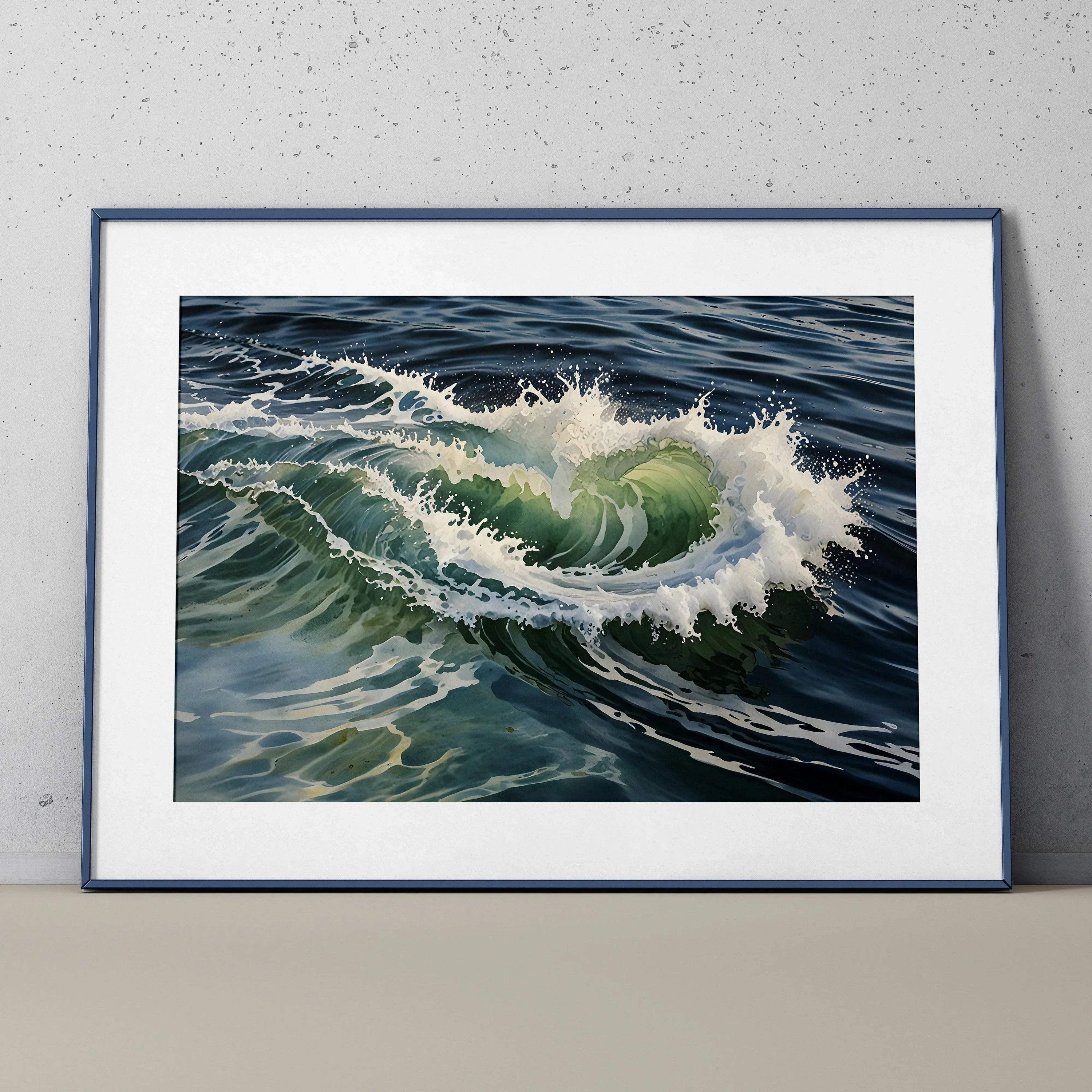 Serene ocean wave curling with white foam in watercolor art poster with navy frame wall art.
