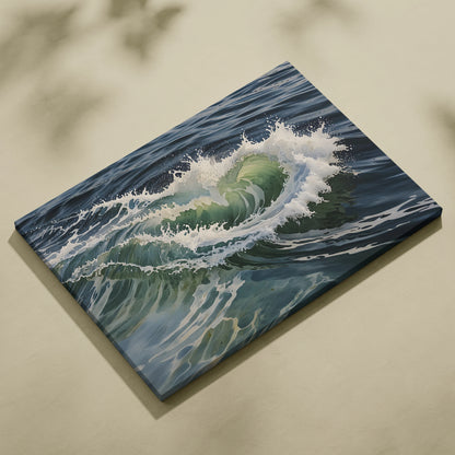 Watercolor ocean wave seascape on horizontal canvas wall art with dynamic splash and deep blue tones.