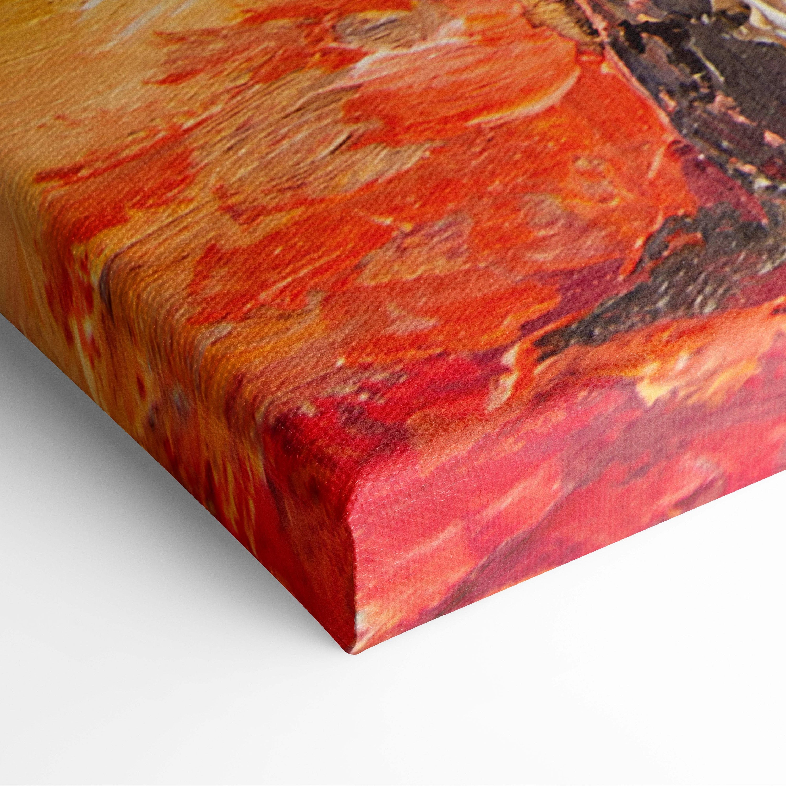 A vibrant autumn forest path painting style wall art with bold red orange and deep brown textured canvas print