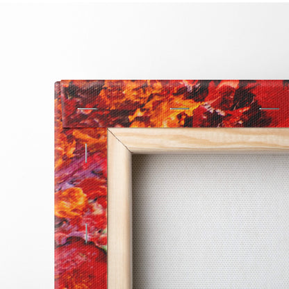 A vibrant autumn forest path canvas print featuring red and orange textured impressionist fall trees framed in light wood