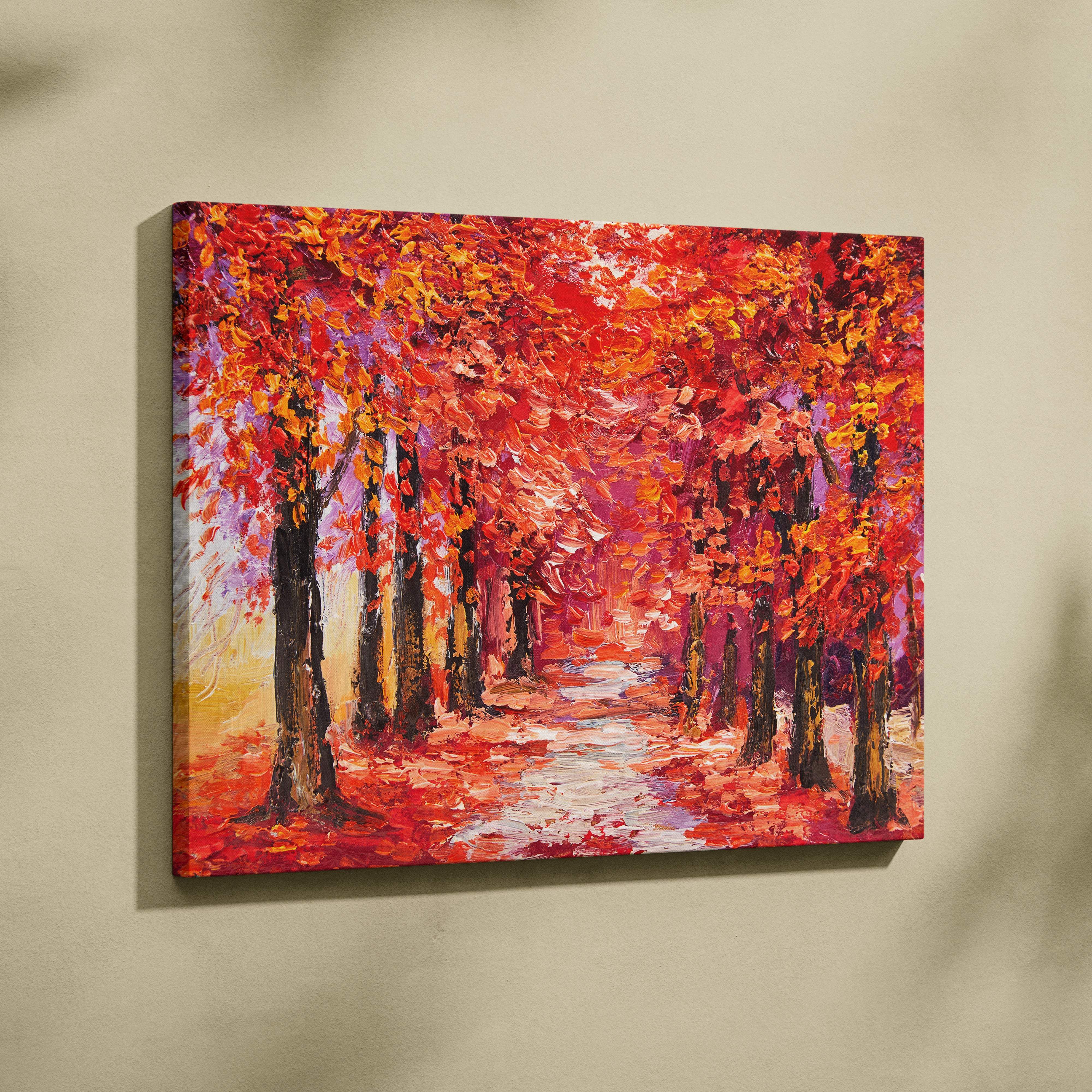 Vibrant autumn forest path wall art canvas print featuring red and orange fall trees with textured brushstrokes