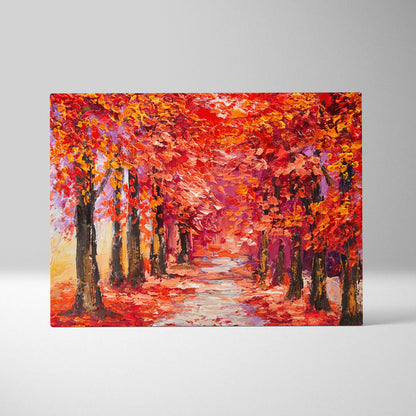 Vibrant autumn forest path painting style wall art with bold red orange and yellow leaves on textured canvas print