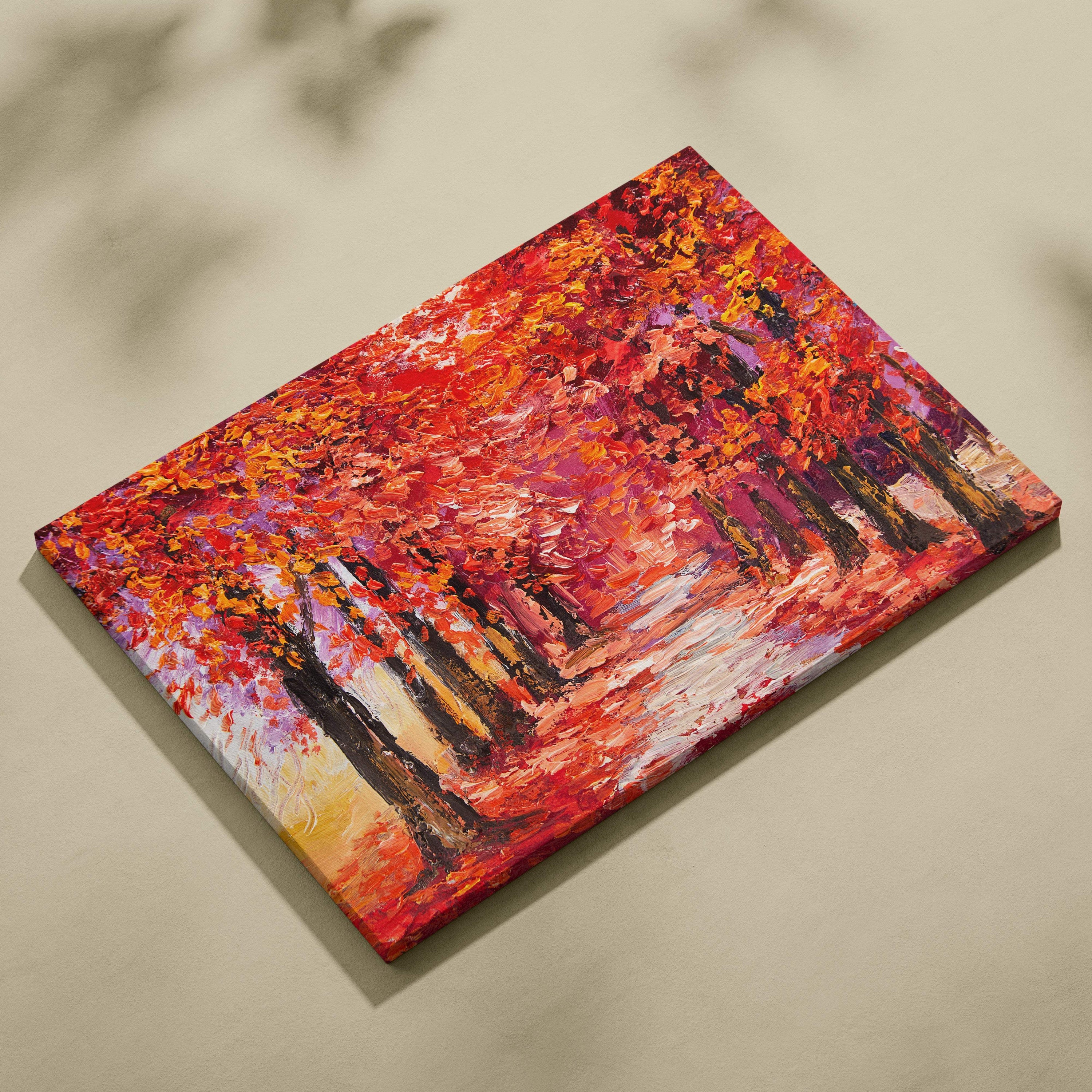 Vibrant autumn forest path painting style wall art with bold reds oranges and purples on textured canvas print