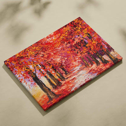 Vibrant autumn forest path painting style wall art with bold reds oranges and purples on textured canvas print
