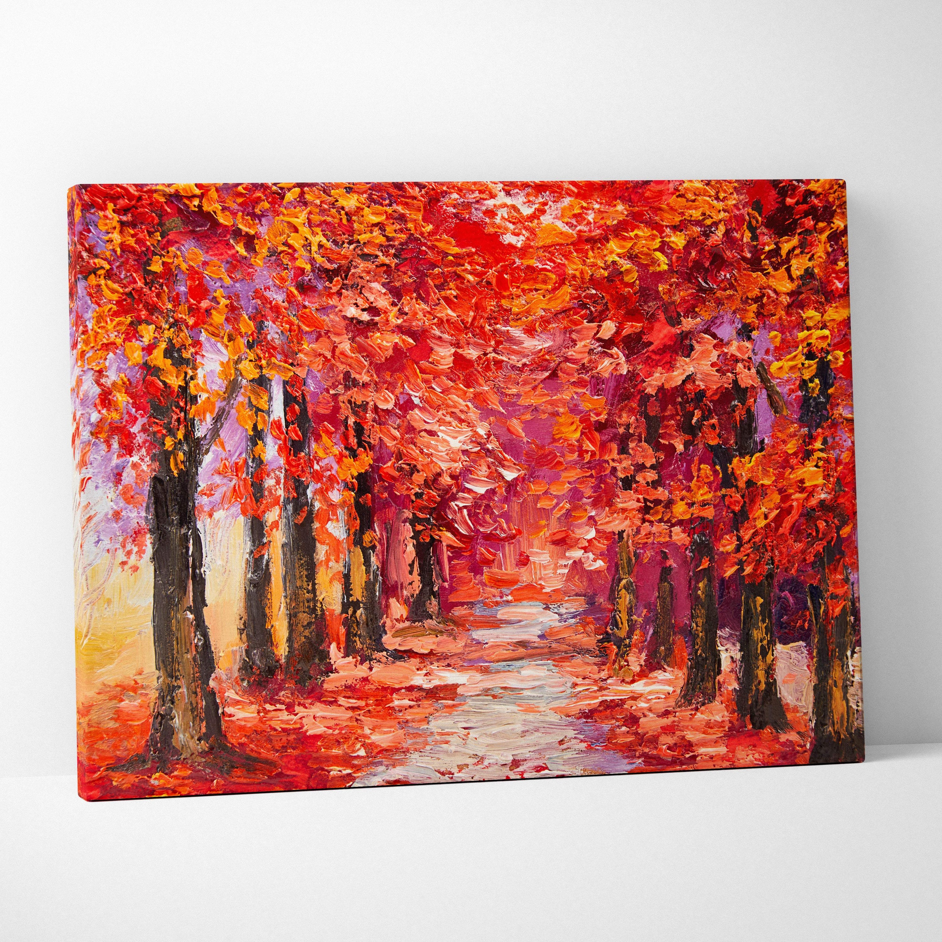Vibrant autumn forest path textured impressionist canvas painting with bold red orange and purple fall trees wall art