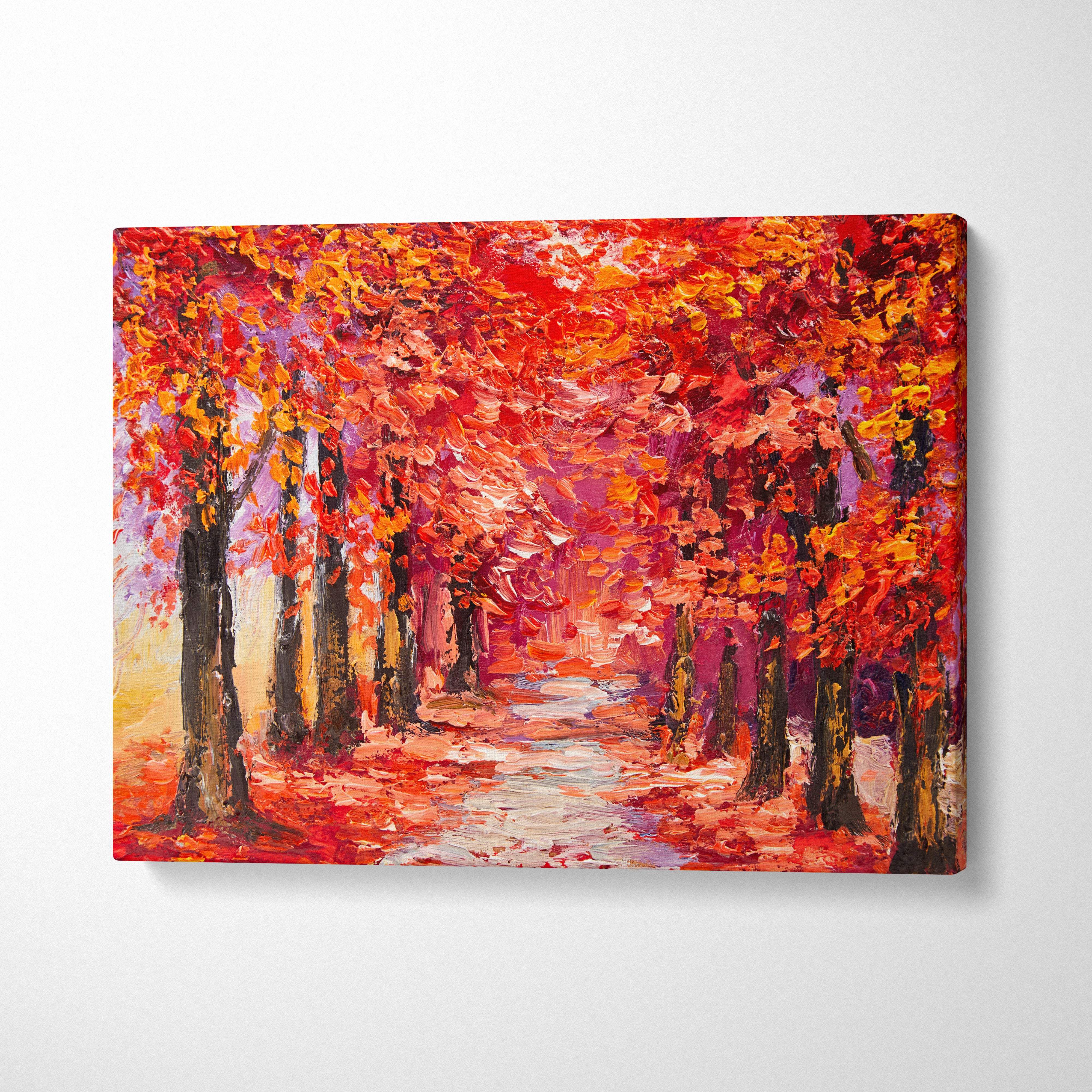Vibrant autumn forest path canvas print with textured impressionist red orange and yellow fall trees over winding path