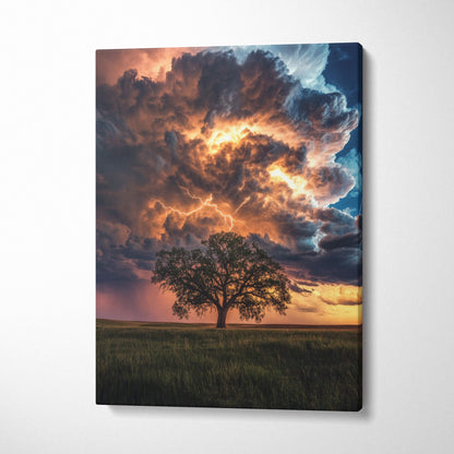 Canvas print of a solitary tree under fiery lightning clouds in rich oranges and deep blues dramatic landscape