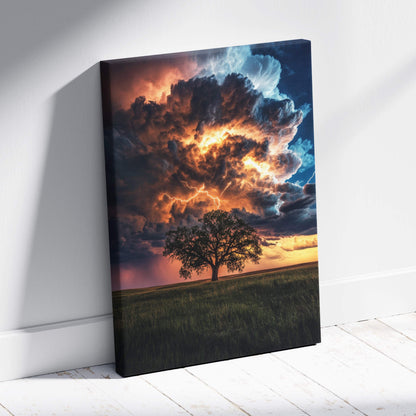 Vibrant canvas print of a lone tree under fiery orange and deep blue lightning storm clouds over an open field